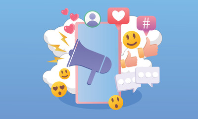 Landing Pages Social Media Marketing display character Communicate with your audience on social media.on blue background.Vector Design Illustration.