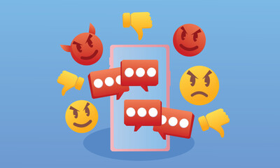 Telephone with a threatening message coming in chat harassment problem.on blue background.Vector Design Illustration.