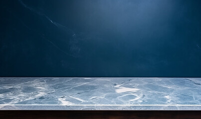 Empty blue Marble stone table top on blue background