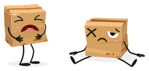 Broken cardboard and box cartoon characters, isolated on white background