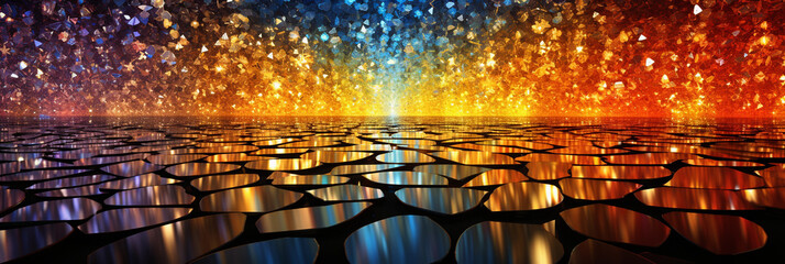 Waben Hintergrundmotiv in leuchten irisierenden bunten Farben in Querformat für Banner, ai generativ