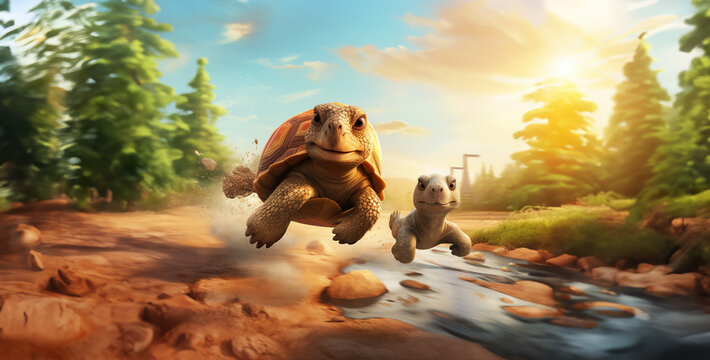 a rabbit and a turtle running in a race hd wallpaper