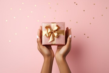 Womans hands holding gift or present box decorated confetti on pink pastel table top view. Composition for birthday or wedding.