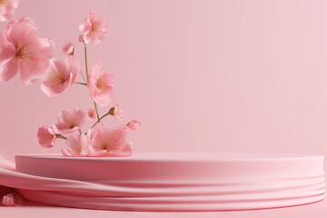 beautiful podium render pastel spring abstract pink product silk advertise flower copy splay cloth cosmetic sakura minimal background floral promotion mockup step pedestal space pink