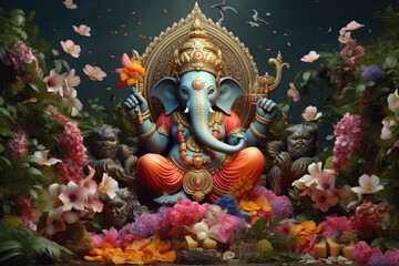 Fototapeta premium Lord Ganesha is surrounded by flowers. Ganesh Festival Indian Ganesh Chaturthi Festival