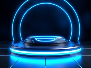 Beautiful modern futuristic podium with neon blue lighting for product presentation generative ai