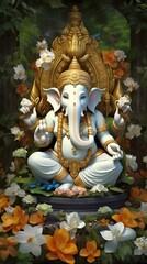 Lord Ganesha is surrounded by flowers. Ganesh Festival Indian Ganesh Chaturthi Festival