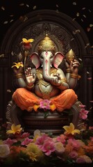 Fototapeta premium Lord Ganesha is surrounded by flowers. Ganesh Festival Indian Ganesh Chaturthi Festival