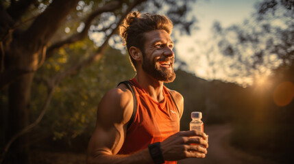 Portrait of young man drinking energy sports nutrition energy gel while sitting and resting after trail running on mountain peak