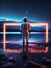 An astronaut stands on the shore of a lake, against a glowing large neon rectangle