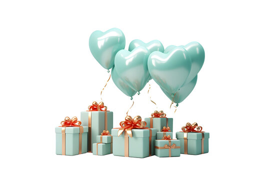 Valentine gift box with heart shaped balloons 3D in the style of light teal, isolated on white and transparent background, ai generate
