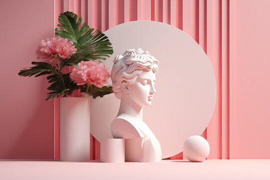 beautiful podium palm nature flowers background presentation splay stone shadow abstract render pink stand peonies pastel leaf woman cosmetic greek white statue product