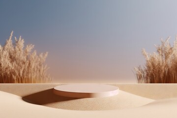 beautiful podium landscape  dry beauty beige nature splay banner presentation render grass natural template background summer shadow cosmetic sun minimal product