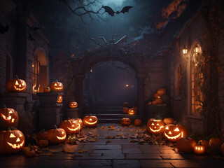 3d halloween pumpkin night background - obrazy, fototapety, plakaty