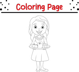 Happy kids with fresh apple coloring page for children. coloring book, vector illustration.