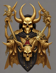 Fototapeta na wymiar a golden skull with horn and a sword