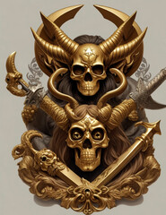 a golden skull with horn and a sword