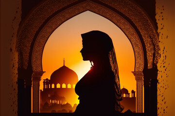 Fototapeta premium Silhouette a woman wearing hijab