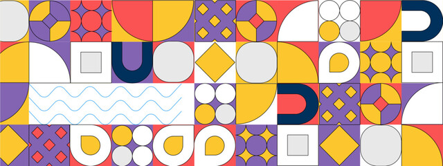 Mosaic covers. Bauhaus style booklet, brochure page. Geometry, mosaic abstract pattern. Future, trendy modern poster, banner. Retro corporate mosaic cover. Dynamic minimal flyer. Vector illustration.