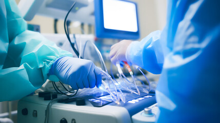 a close-up view of a cardiologist wearing surgical gloves, carefully manipulating a specialized device emitting pulsed fields to treat paroxysmal atrial fibrillation - obrazy, fototapety, plakaty