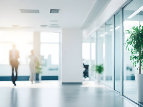 Tranquil Workspace: Blurred Panoramic Office Interior with Natural Light and Contemporary Design