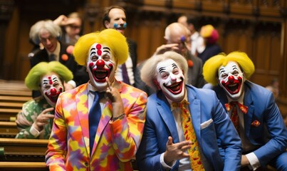 Photo of clowns sitting in a courtroom