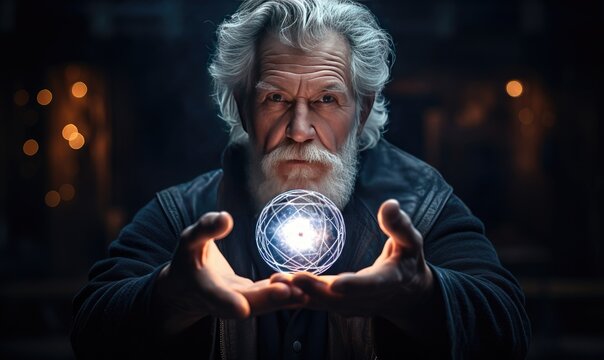 Photo of a man holding a crystal ball in his hands