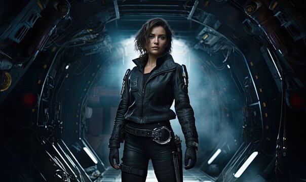 Photo of a mysterious woman in a black leather outfit standing in a dark tunnel