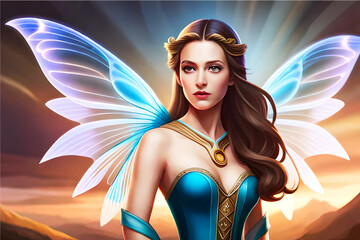 fantastical 3D cartoon portrait of a magical fairy, adorned with intricate wings and an enchanting aura