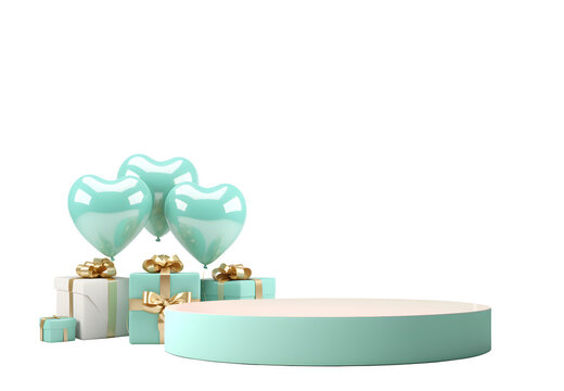 3D podium Valentine Gift boxes presents with heart shaped balloons in the style of light teal, Empty display presentation product, isolated on white and transparent background, ai generate