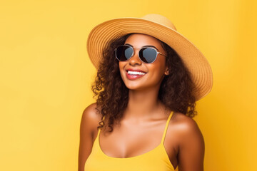 Woman Wearing Hat And Sunglasses. Сoncept Summer Fashion, Womens Accessorising, Hats, Sunglasses - obrazy, fototapety, plakaty