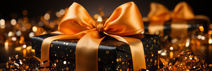 Weihnachtsgeschenke Box schwarz mit Schleife in orange mit schöner glitzer Deko auf dunklen Hintergrund Nahaufnahme in Querformat für Banner, ai generativ - obrazy, fototapety, plakaty
