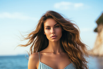 Naklejka premium Graceful Young Woman Model By The Sea . Сoncept Seainspired Style Trends, Graceful Beachside Photoshoots, Youthful Female Modelling, Natural Beauty Goals