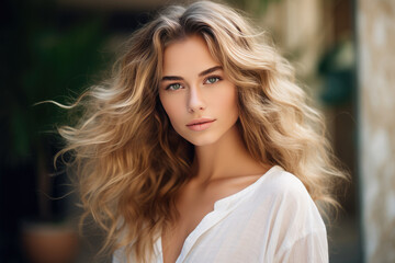 Naklejka premium Graceful Young Woman Model Natural Background . Сoncept Creative Outdoor Photography, Natural Beauty And Style, Young Women And Selfconfidence, Capturing True Elegance
