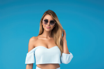 Beautiful White Woman Years Old In Beachwear Wearing Sunglasses On Blue Background. Сoncept Beachwear Styles For Women, Wardrobe Musthaves To Combat Sun Damage