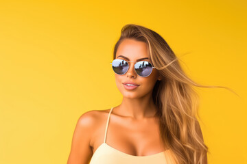 Beautiful White Woman Years Old In Beachwear Wearing Sunglasses On Yellow Background. Сoncept White Beauty, Style In Beachwear, Aging Fearlessly, Embrace Sun Protection