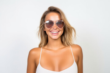 Beautiful White Woman Years Old In Beachwear Wearing Sunglasses On White Background. Сoncept Ocean Beaches, Beauty Standards, White Privilege, Womens Fashion
