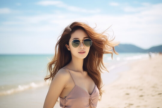 Woman With Sunglasses On Beach Near The Ocean. Сoncept Beach Vacations, Womens Accessories, Beachside Fashion, Ocean Fun