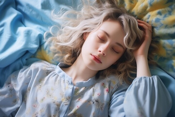 Peacefully beautiful woman sleeping in calm in closeup shot 