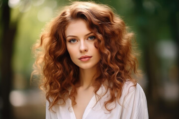 Naklejka premium Confident Young Woman Model Natural Background . Сoncept Overcoming Insecurities, Harnessing Your Inner Strength, Modeling Confidence, Real Beauty Diversity