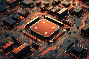 Fototapeta premium A powerful computer processor or chip on a motherboard. Modern technologies. Red background.