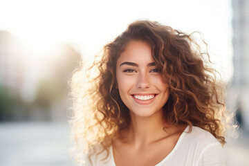 Obraz premium Cheerful Young Woman Model Natural Background . Сoncept Young Women Embracing Diversity, Accepting Who You Are, Fashion And Imaging Trends, Appreciating Natural Beauty