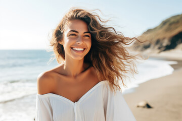 Naklejka premium Cheerful Young Woman Model Oceanside . Сoncept Modeling Oceanside, Selfconfidence Positivity, Embracing Natural Beauty, Joyful Youthfulness