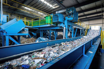 Fototapeta premium Waste sorting plant. Many different conveyors and bins. conveyors filled with various household waste. Waste disposal and recycling. Waste processing plant.