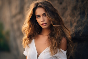 Fototapeta premium Chic Young Woman Model Natural Background . Сoncept , Modern Fashion Trends For Young Women, , Style Tips For Natural Background Photography, , Chic Outfit Inspirations For Models,