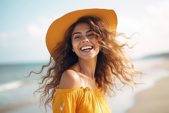 A Woman Wearing A Yellow Hat On The Beach. Сoncept Yellow Hat Fashion, Beach Photoshoots, Womans Summer Style, Benefit Of Sunhats