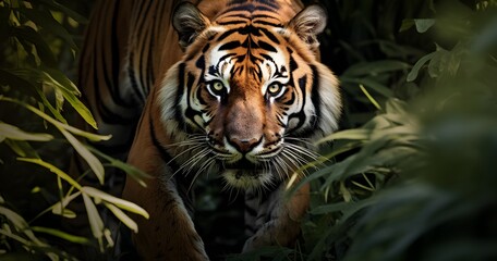 The tiger's expression exudes a mix of intensity and grace - obrazy, fototapety, plakaty