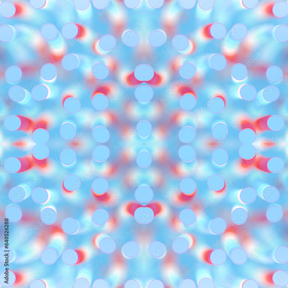 Poster Abstract 3d rendering hypnotic digital illustration. Symmetrical pattern of a group of objects in bright neon