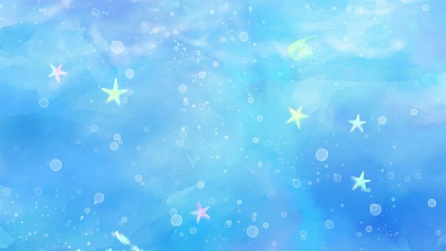 南国のきらめく海中を泳ぐ魚達と、ゆっくり上る気泡のループアニメーション。水彩タッチの海のファンタジー映像。