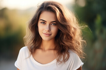 Naklejka premium Confident Young Woman Model Natural Background . Сoncept Overcoming Anxiety, Embracing Selflove, Finding Inspiration In Nature, Celebrating Independence